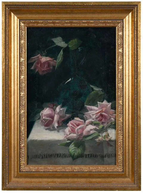 Emma Lampert Cooper, Pink Roses in a Green Bottle, oil on canvas