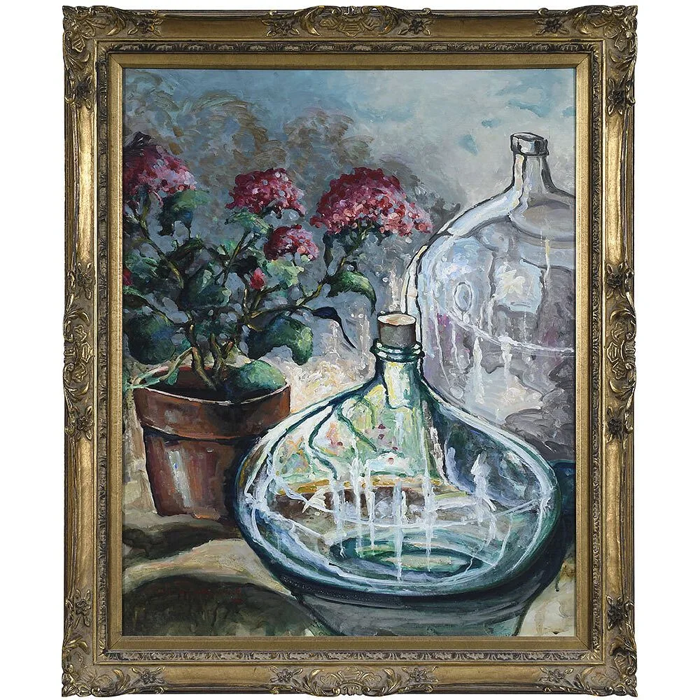 Still Life with Geraniums by William Leon Stacks, oil on paperboard, offered Jul 2021