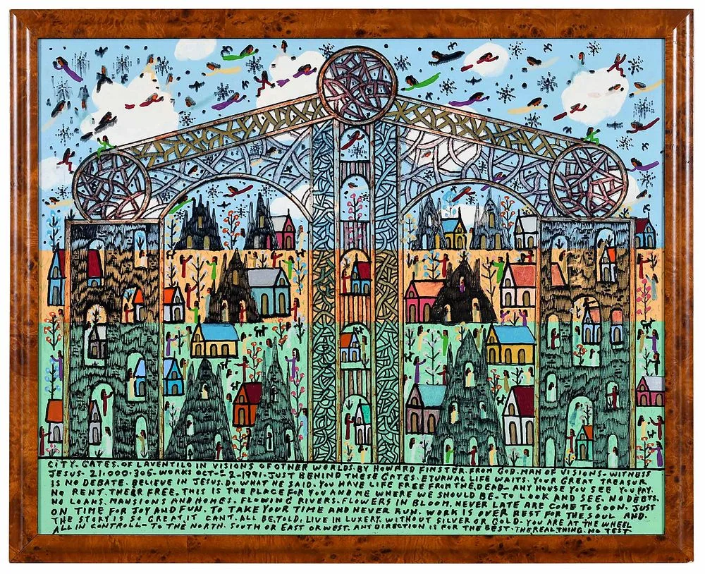 Howard Finster, Jesus Saves from Hell The Rest is Safely Keep Going, 1991, oil on board