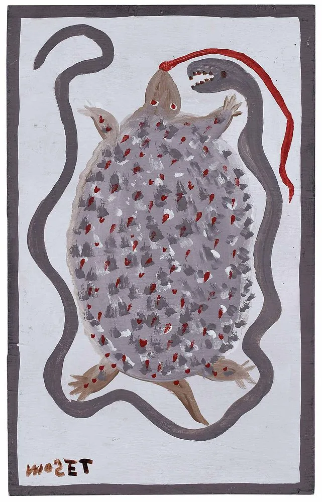 Snake and Turtle by Mose Tolliver, acrylic on panel, sold Jul 2021