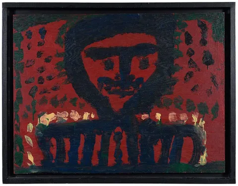 Mary Tillman Smith, Blue Figure on Red, not apparently signed, enamel on board