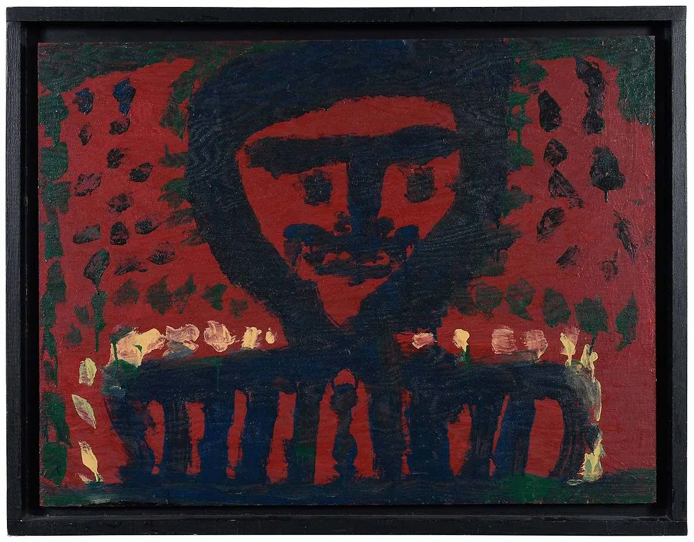 Blue Figure on Red, not apparently signed by Mary Tillman Smith, enamel on board, sold Jul 2021