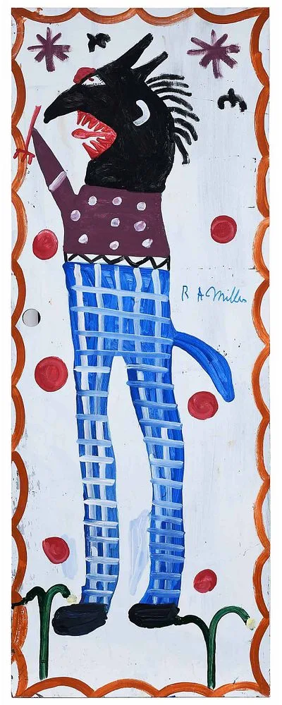 Painted Devil Door by R. A. Miller, acrylic on door, offered Jul 2021