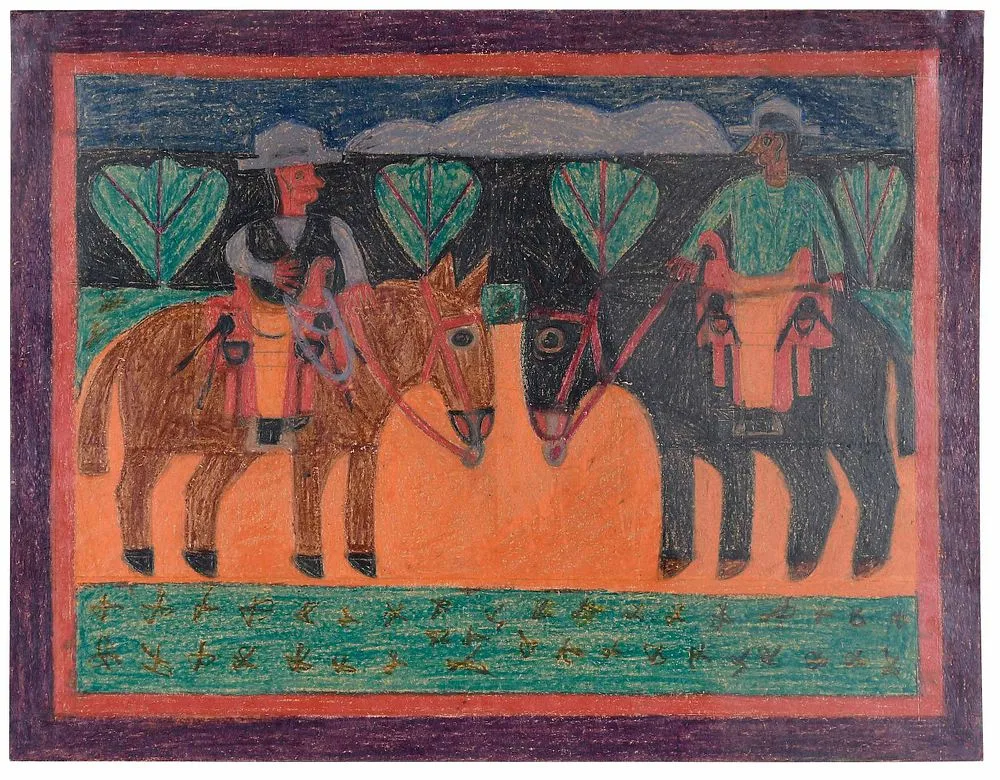Eddie Arning, Cowboys, crayon and pastel on paper