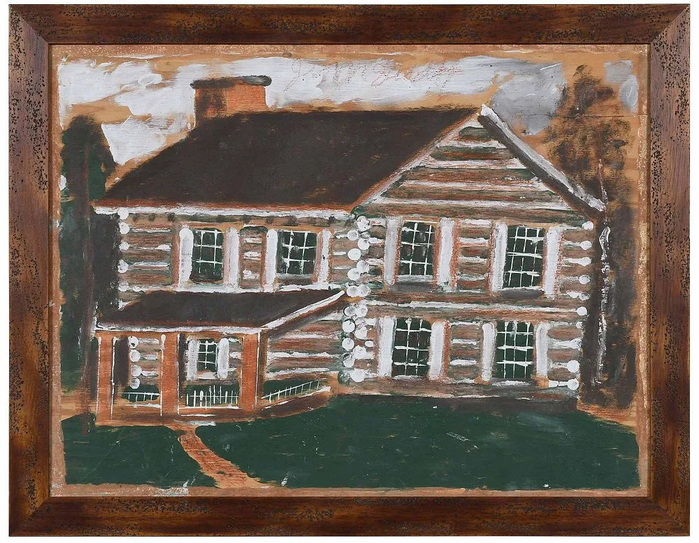Jimmy Lee Sudduth, Log Cabin, pastel