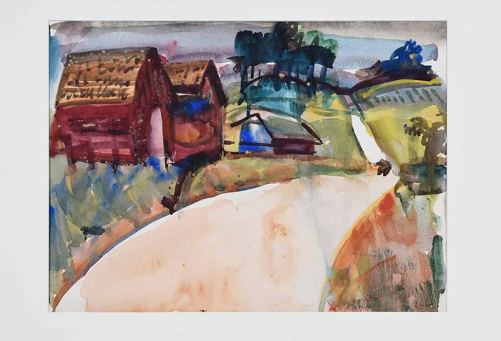 Red Barns by Francis Chapin, watercolor on paper, offered Jul 2021