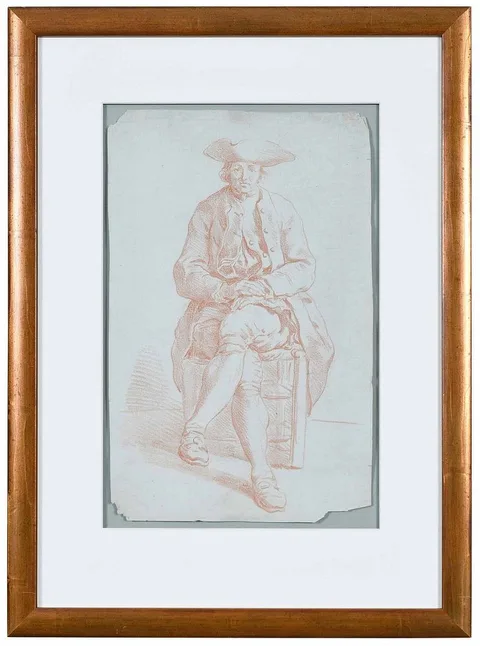 Jean Joseph Horemans I, A Seated Man in a Tricorn Hat, collector's mark in ink verso "HP" (Lugt 1353b), a counterproof of a red chalk drawing on light green laid paper