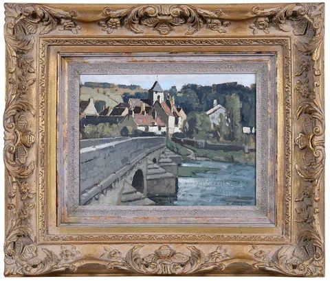 F‚lix-Raoul EtŠve, Bridge and Village, oil on canvasboard