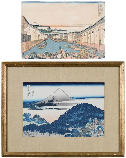 Katsushika Hokusai, Two prints from the series Fugaku Sanjurokkei (Thirty Six Views of Mt. Fuji): Aoyama Enza no matsu (The Cushion Pine at Aoyama),ÿsigned "Hokusai aratame Iitsu hitsu" upper left, unidentified publisher's seal verso, woodblock print