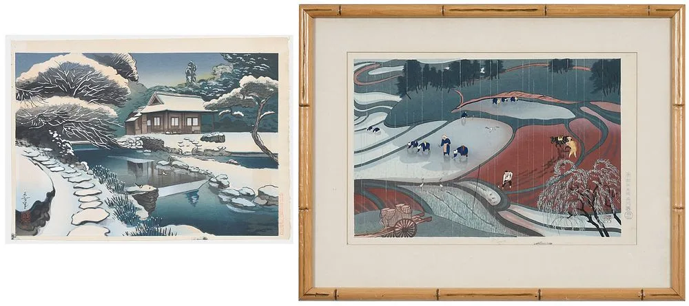 Ohno Bakufu, Two: Snow Scene, woodblock print,ÿoban yoko-e