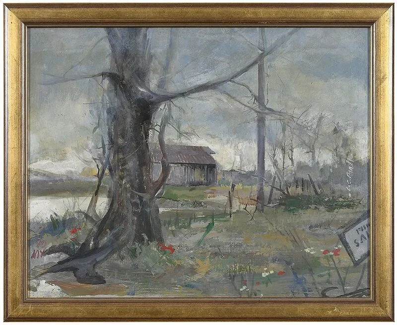 The Old Barn by C. C. Beall, oil on board, offered May 2021