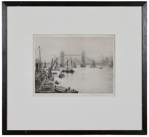 Rowland Langmaid, London Bridge, drypoint etching