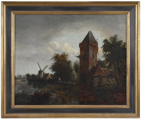 Meindert Hobbema, Tower and Windmill by a River, possibly indistinctly signed lower left, oil on canvas