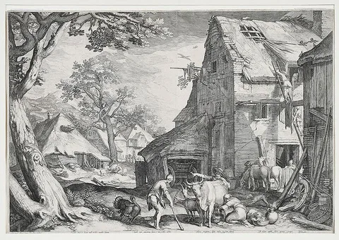 Jan Saenredam, The Prodigal Son as a Swineherd (B. 25 H. I68, 528), after Abraham Bloemaert (1564-1651), engraving on two sheets of laid paper with circular watermark