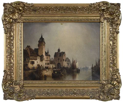 Ludwig Hermann, Busy Bulkhead on a Canal, 1850, oil on canvas
