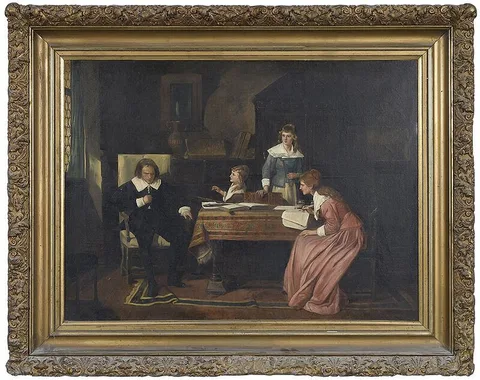 Mihály Munkácsy, The Blind John Milton Dictates Paradise Lost to His Daughters, after the original large version held by the New York Public Library (a smaller version is in the National Gallery of Budapest), oil on canvas