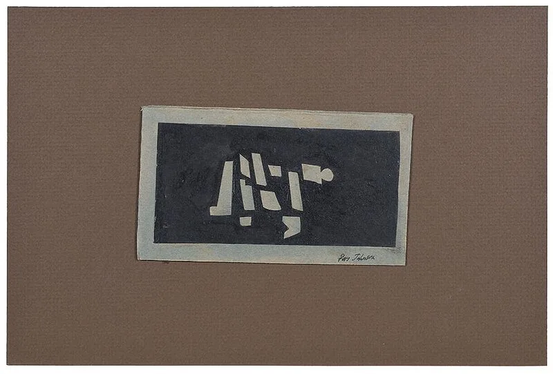 Ray Johnson, Untitled, abstract composition, one from a series of ten commissioned by John Brook of New York City, ink, watercolor and paper collage on japon nacre paper mounted on cardboard