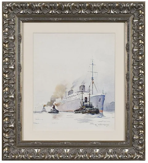 Theodore Kautzky, Ship and Tug, watercolor on cream paper