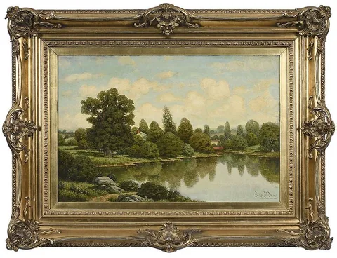George W. Drew, Cottage by a Lake, oil on canvas