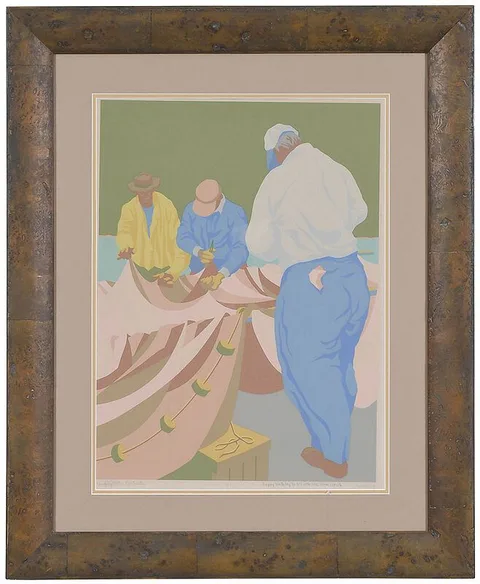 Claude Howell, Mending Nets: Northeaster (1976), serigraph