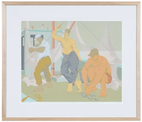 Three Men on a Shrimper, ed. 3/300 by Claude Flynn Howell, serigraph, sold Apr 2021