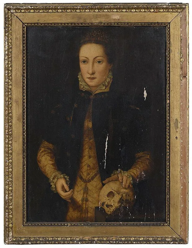 Antonis Mor, Lady in Medicean Costume, Holding a Skull, oil on oak panel