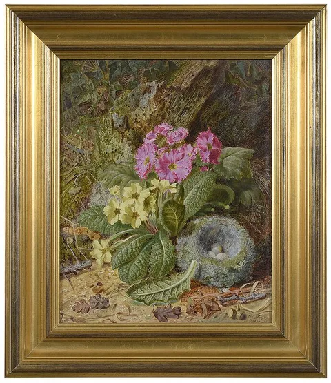 Thomas Worsey, Woodland Floor with Primroses and a Birdnest, 1866, oil on canvas