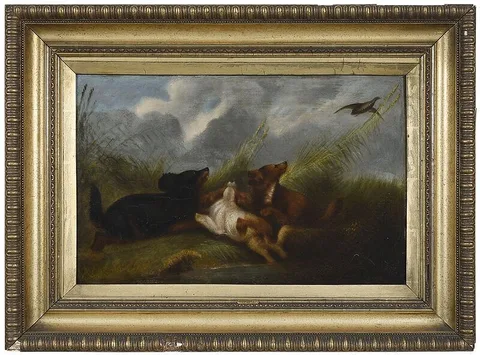 George Armfield, Three Spaniels Flushing a Partridge, oil on oak panel
