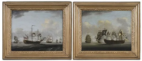 Peter Monamy, A pair: Naval Battle and Fleet of British Naval Ships, oil on canvas