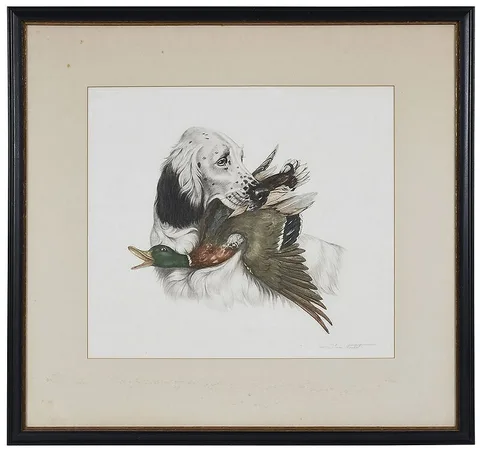 Jean Herblet, Setter and  Duck, color engraving