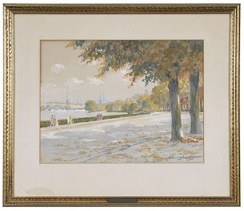 Paul Burghardt, Promenade by a River, watercolor on paper