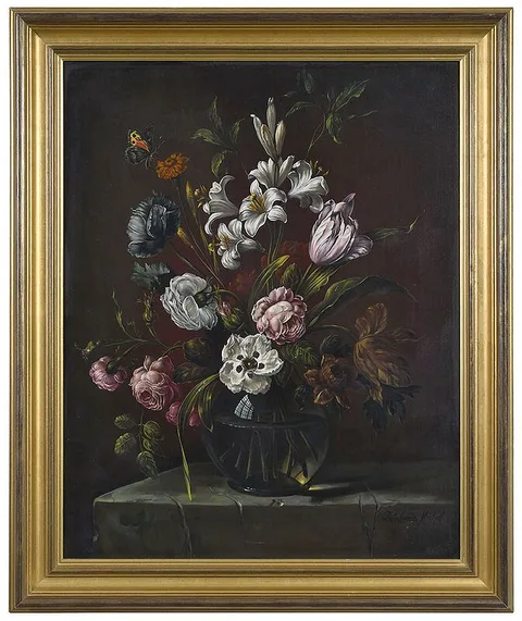 Reinhard C. Michel, Still Life with Tulips, Lilies, and Roses in a glass vase, oil on canvas