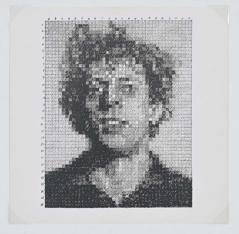 Phil by Chuck Close, 1976, relief print on Strathmore paper, sold Feb 2021