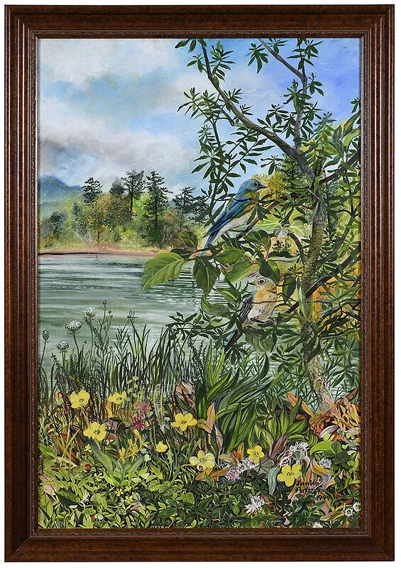 Janice Capps Patterson, Bluebirds at the Adam Thoroughgood House, Virginia, 1994, watercolor and oil on board