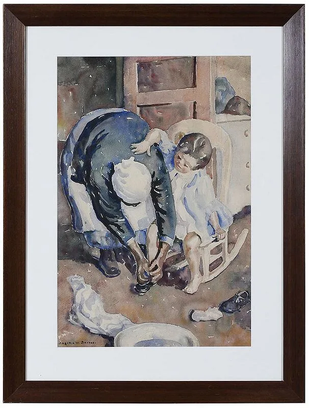 Virginia W. Barnes, Nanny and Girl Tying Shoes, watercolor on paper