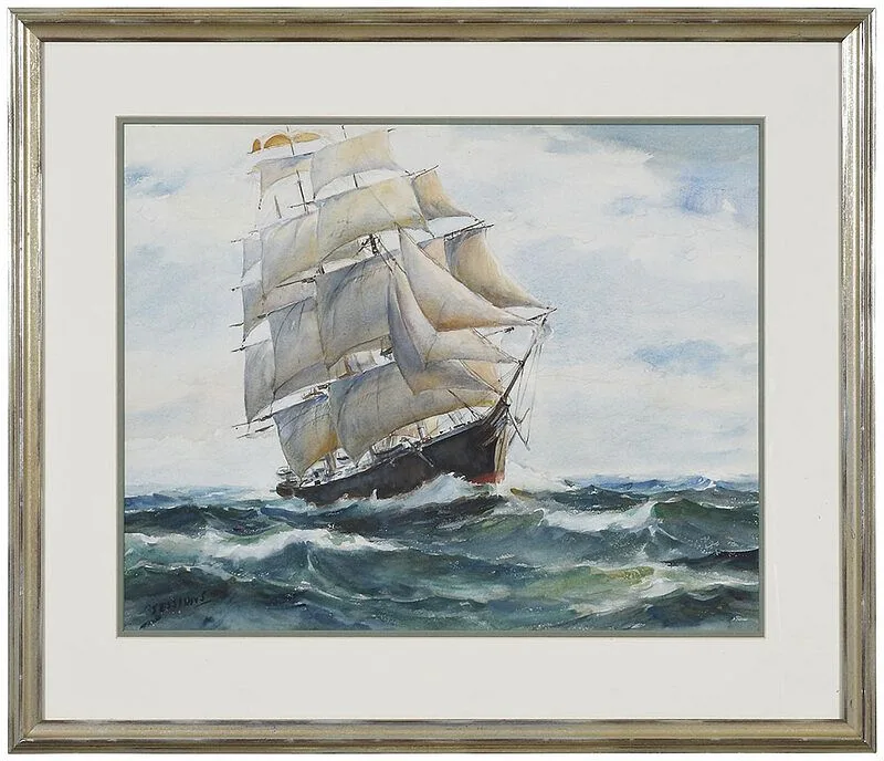 Clipper Ship by James Sessions, watercolor on watercolor board, sold Feb 2021