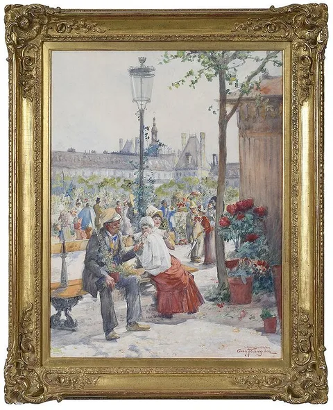 August Franzén, Le Marche aux Fleurs de Notre Dame, watercolor on paper