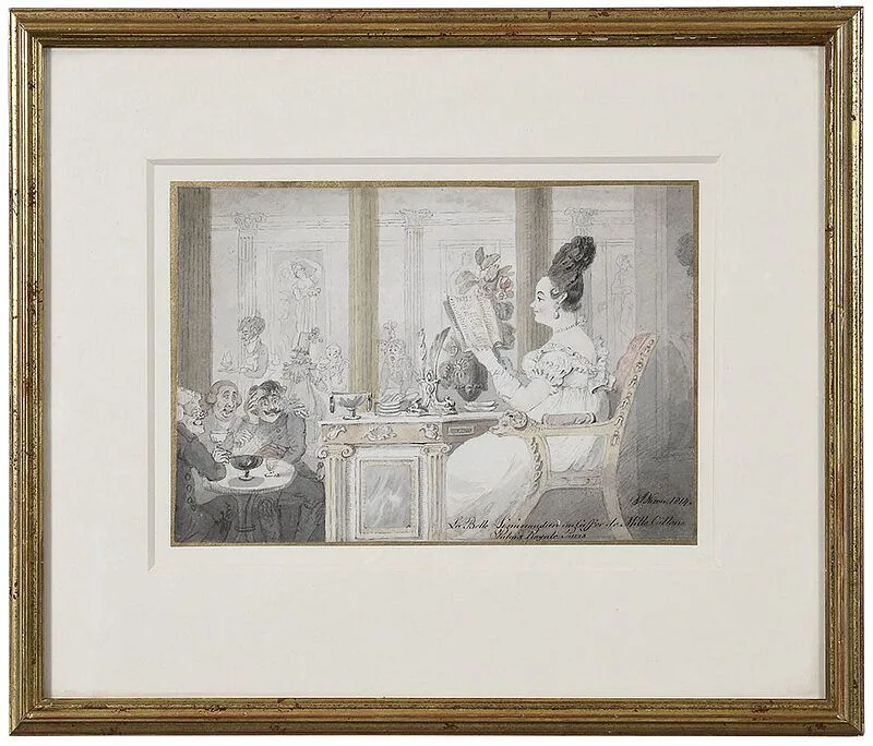 La Belle Liminaudiere au Cafee de Mille Collone, Palais Royale, Paris by John Nixon, ink, sold Feb 2021