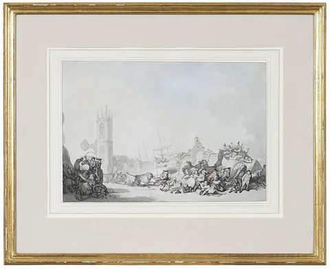 Thomas Rowlandson, The Overdrove Ox, An Incident on London Bridge, pen and ink