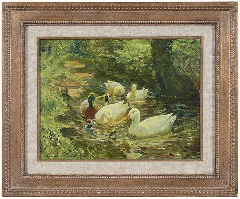 Charles Walter Simpson, Midsummer, ducks in a stream, oil on panel