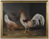 John Frederick Herring, Sr., Red Pyle Old English Bantam Rooster with Two Hens in a Barn