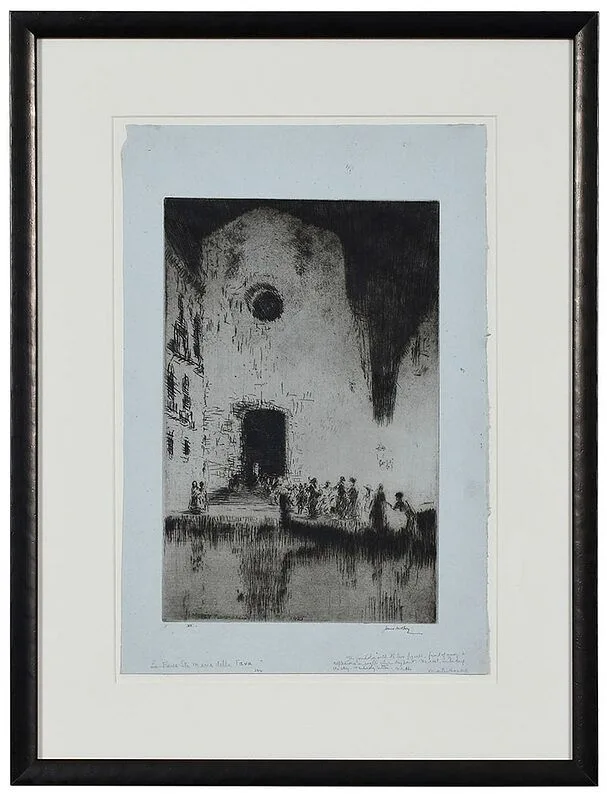 James McBey, Santa Maria della Fava, 1925, collector's annotation at bottom reads "The gondola with its two figures, front of quay, & reflecting on water all in drypoint. The rest, including the sky, is entirely bitten. M.H." and "Sta Maria della Fava, Martin Hardie"