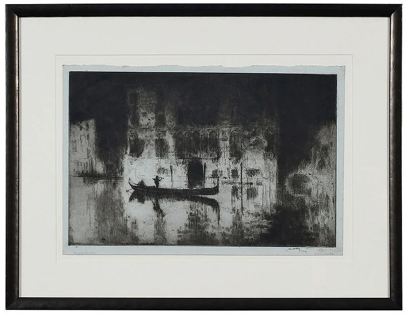 James McBey, Venetian Night, 1925, etching on blue/green paper