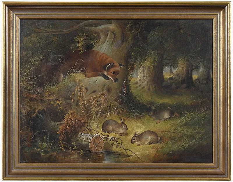 Fox Stalking Three Rabbits by George Armfield, oil on canvas, sold Feb 2021