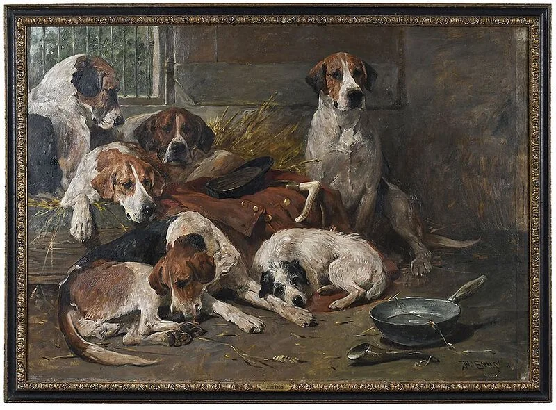 John Emms, New Forest Buckhounds and a Terrier in the Kennel After the Hunt, oil on canvas