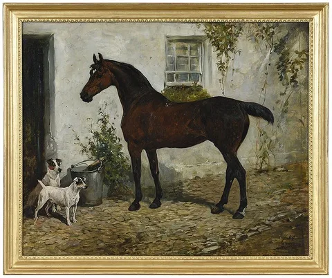 John Emms, A Bay Hunter with Two Jack Russell Terriers in a Courtyard, 1894, oil on canvas
