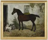 John Emms, A Bay Hunter with Two Jack Russell Terriers in a Courtyard