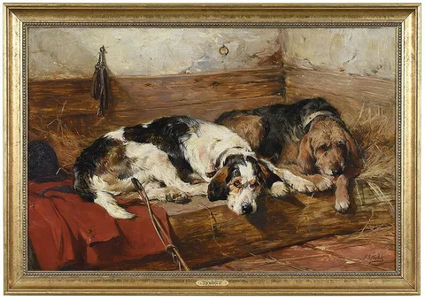 John Sargeant Noble, After the Hunt, two otterhounds in a kennel, oil on panel