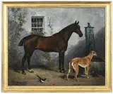 John Emms, The Bay Horse Ami and the Greyhound Au-Revoir by a Well