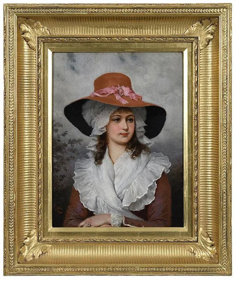 Alexander Mark Rossi, In the Autumn Time, portrait of a beauty in a coral colored hat signed lower left "Rossi, oil on panel